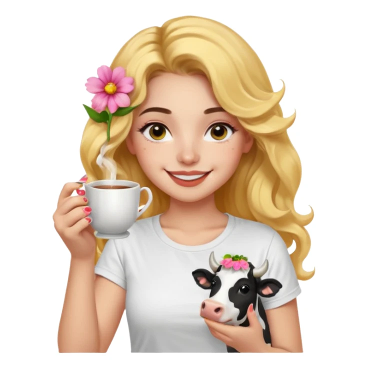 Emoji de iPhone una chica de Cabello ondulado un poco más largo, las expresiones un poco más amigables y coquetas, ojos color negro y un poco de iluminador en la nariz, remera blanca coquette y uñas de florecitas, sonriendo y haciendo distintas expresiones, tomando té y acariciando una vaquita sticker