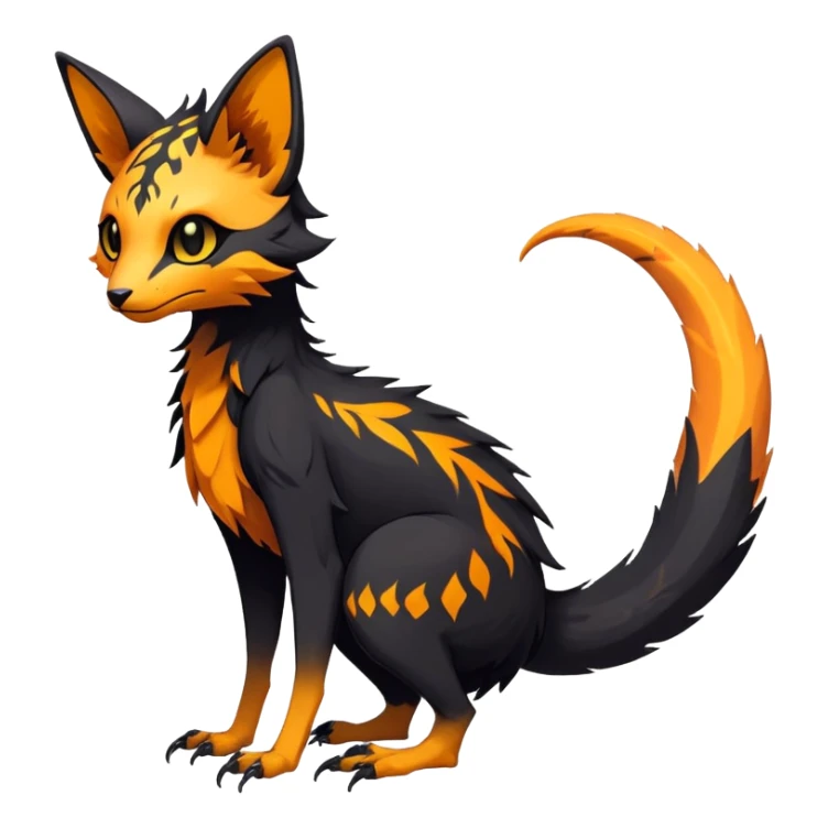 Rare realistic exotic edgy dark gothic gloomy spooky black and orange/yellow epic pretty beautiful handsome gorgeous aesthetic colorful vibrant Vernid-Trico-species-Fakemon-creature by LiLaiRa, 4 legs, 1 tail, random markings, (full body) sticker