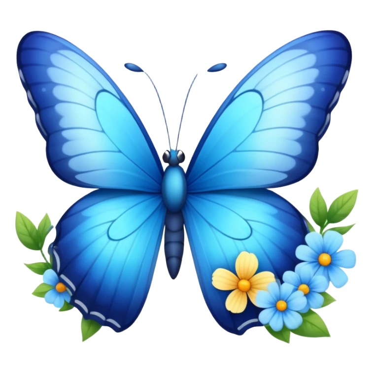 A vibrant blue butterfly with a cute smiling face, fluttering in spring with flowers around sticker