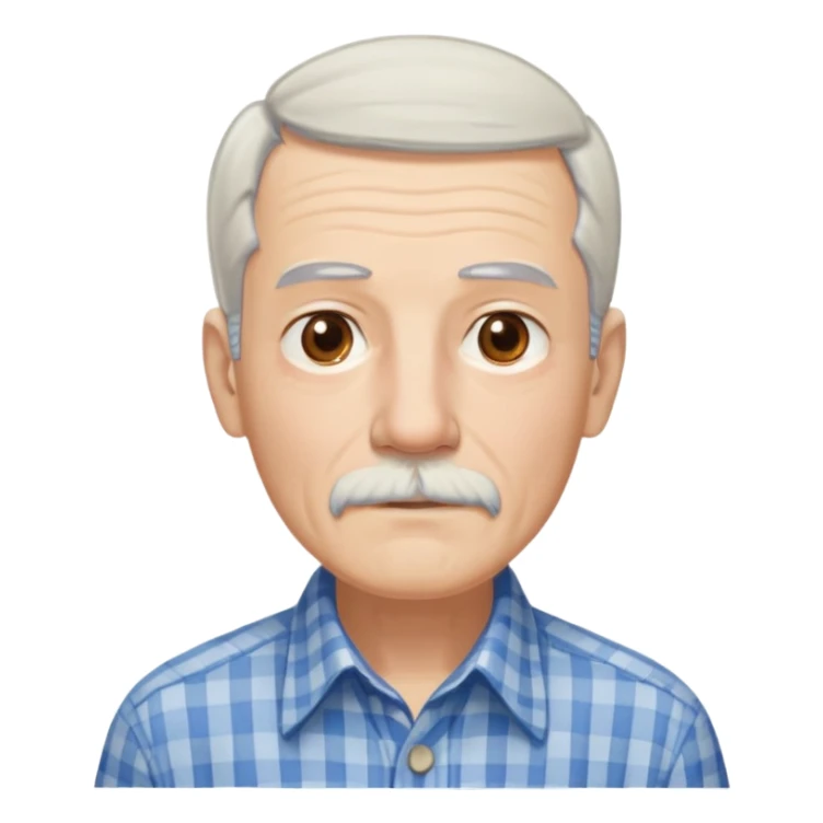 Thin elderly man with light skin. Elongated face with kind expression. Light brown eyes. Thin eyebrows. White goatee and white mustache. Fine straight gray-white hair with bangs, hair is long and goes past his ears. Slim build. Wearing a blue and beige checkered button-up shirt. sticker