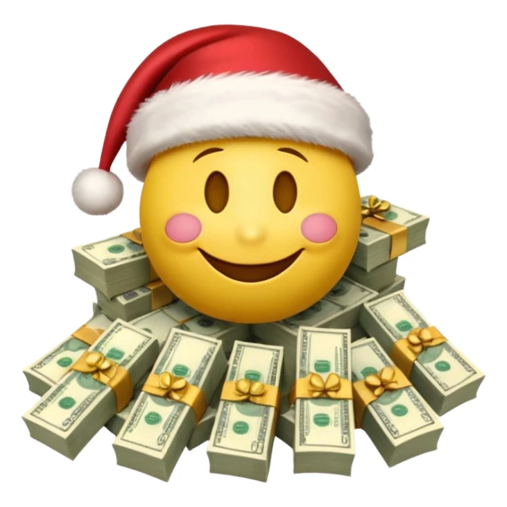 A festive 3D emoji style yellow smiley face wearing a Santa hat, surrounded by stacks of cash and dollar bills, joyful expression, Christmas and New Year theme, high quality, clean design, studio lighting, no text, no background, isolated object, transparent background, emojis.com style sticker