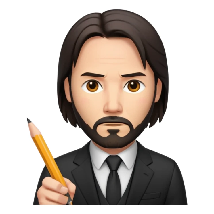 john wick as an apple-style emoji, with a pencil, black suit, beard, determined expression sticker