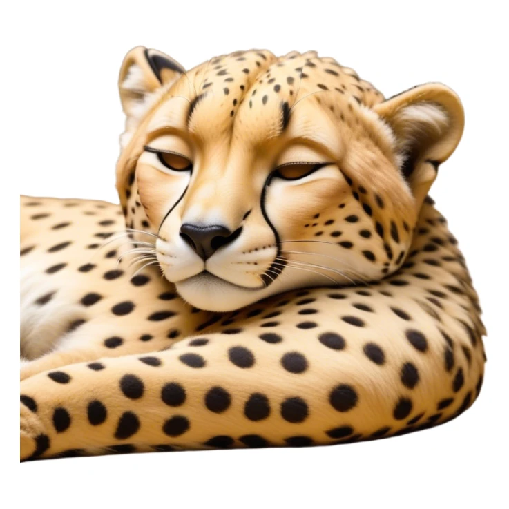 Meme-Worthy Cute Sleeping Cheetah Portrait Emoji, Head resting peacefully with a contented smile, showcasing a lean, muscular build and a luxuriously soft golden spotted Fur, eyes shut in a serene, restful nap, Simplified yet hilariously adorable features, highly detailed, glowing with a soft, drowsy light, high shine, relaxed and utterly lovable, stylized with an air of playful laziness, bright and heartwarming, soft glowing outline, capturing the essence of a comically sleepy cheetah, so meme-worthy it feels like it could instantly become the next viral sensation of adorable slumber! sticker