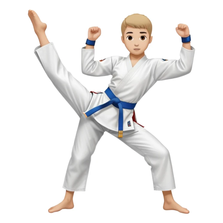 teenager performing a high kick in a white Tae Kwon Do uniform with a colored belt sticker