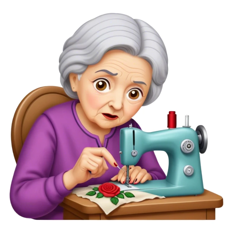 Grandmother pricks finger sewing rose embroidery, shocked, pained, looking forward. sticker