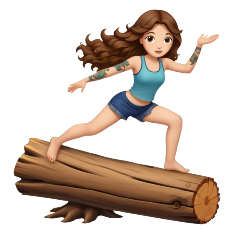 cute woman long wavy brown hair tattoos balancing on log sticker