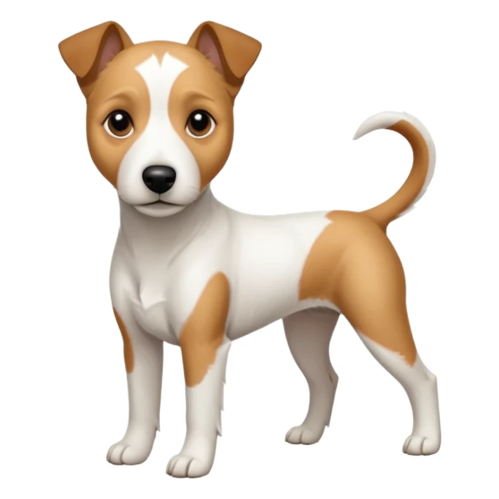a full body white parson russell looking dog the size of a kelpie with light brown ears and a light brown patch on one eye and a large snout sticker