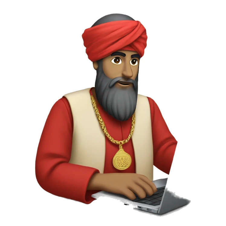 A caliph with turban and red clothes writing in a laptop sticker