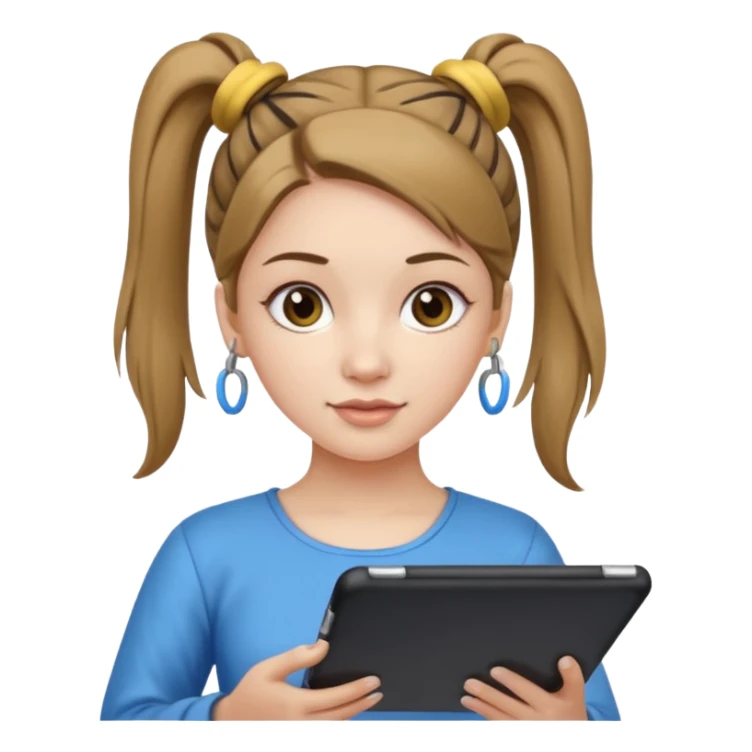 woman with two ponytails hair with tablet sticker