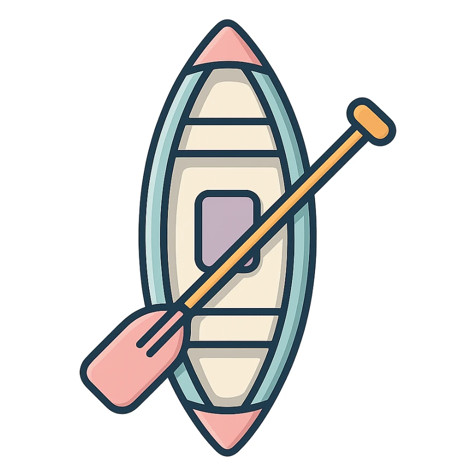 canoe for rowing with paddle, top view, icon-color-outlined style, detailed shading, thin clean outlines, soft rounded features, pastel palette #98B5BC #B5B3C1 #C9A3C9 #E4C0CA #F7DCD1 #F7C0AA, modern Japanese pop art, sticker aesthetic, highly detailed, vector clarity, soft lighting, subtle shadows, transparent background sticker