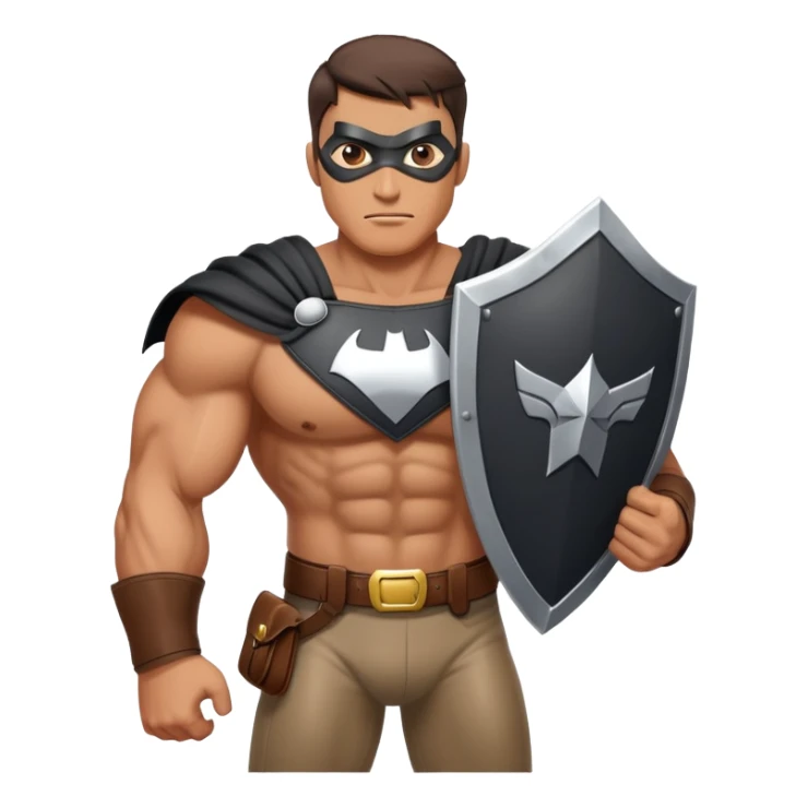 Muscular one eyed man wearing leather purse and holding shield. Superhero pose. sticker