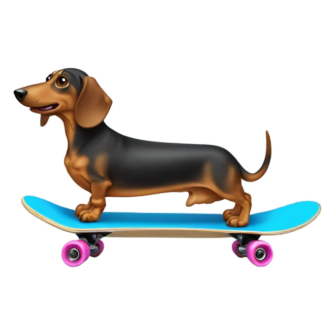 A wiener dog on a skate blue skate board  sticker