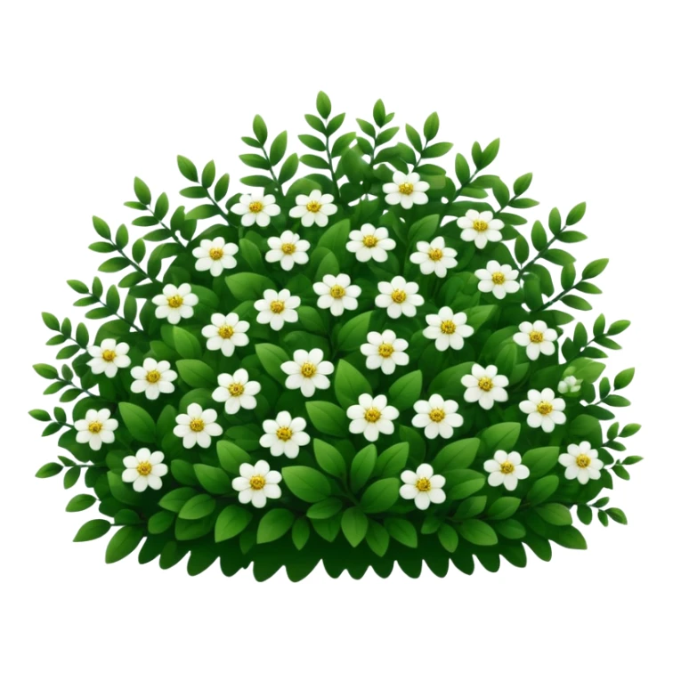 A dense bush with dark leaves and a curved organic shape with small white flower sticker