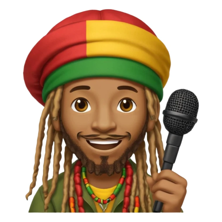 Emoji sticker of reggae artist Anthony B 🧔🏾‍♂️ with dreadlocks, Rasta hat 🟥🟨🟩, smiling and holding a mic 🎤. Text says 'Big Up Anthony B!' in bold reggae font 💥🔥✊🏾 sticker