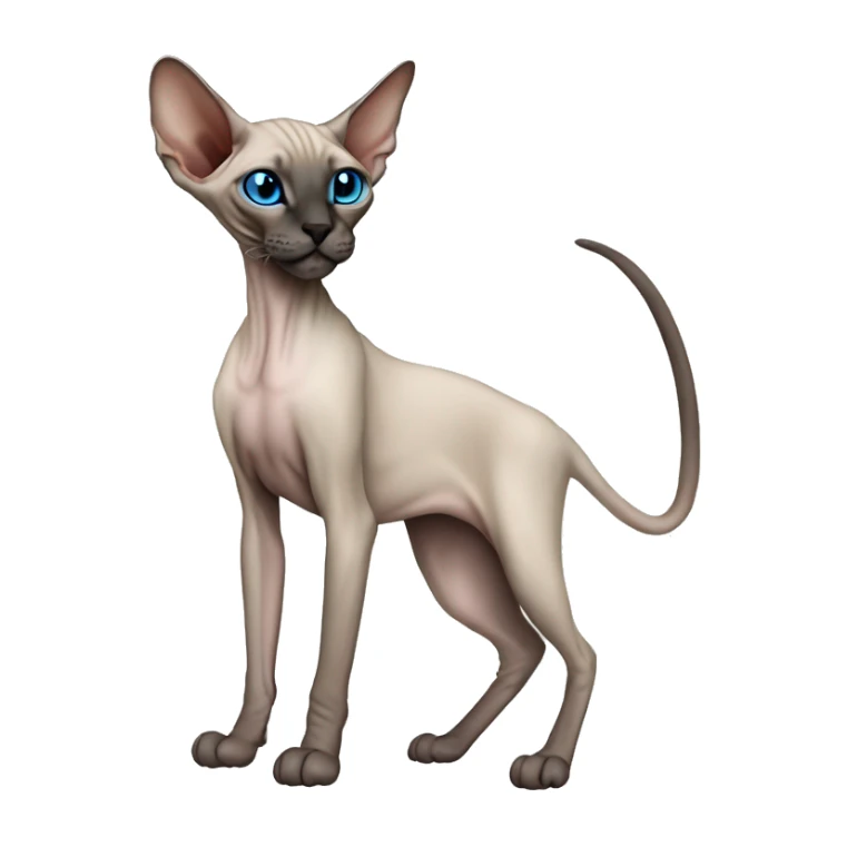 Siamese Sphynx Peterbald  cat with blue eyes, full thin body stand, black nose ears and tail sticker