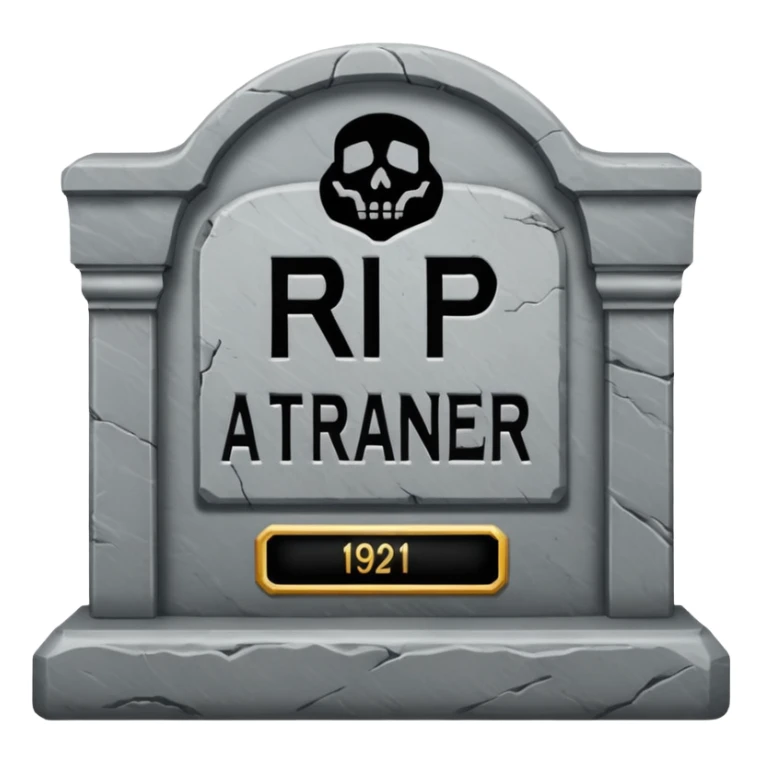 RIP tombstone with label "RIP Auto Trainer" sticker