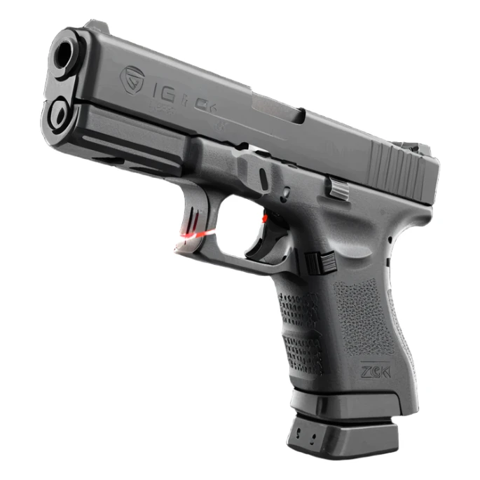 an all-black Glock 19 with a magazine extension and a red laser that glows.  sticker