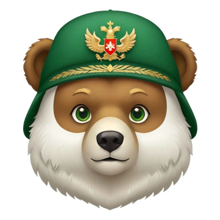 Cute brown bear head with green eyes, wearing white fluffy ushanka with precise Russian coat of arms showing golden double-headed eagle with all official details, iOS emoji style sticker