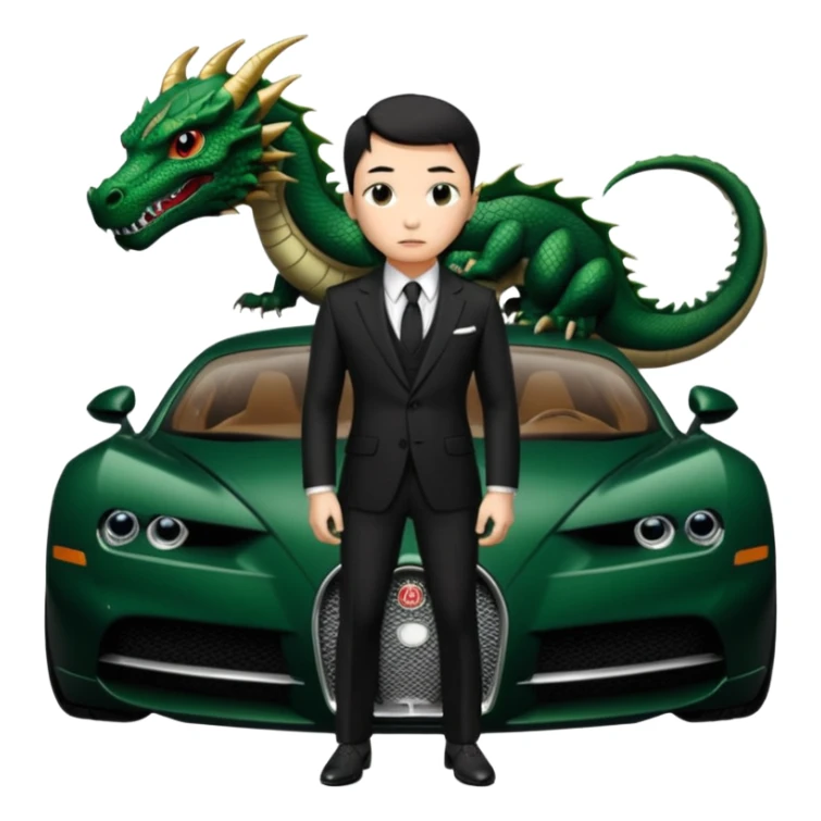 mysterious scenery: green audemars piguet watch (without text), black bugatti, and a dark green dragon, and a mysterious chinese agent from The Matrix with his eyes censored sticker