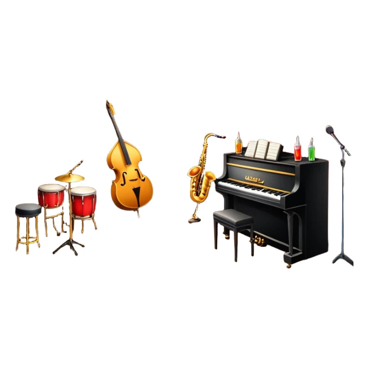 inside a jazz club, bar, stage, and jazz instruments, warm lighting sticker
