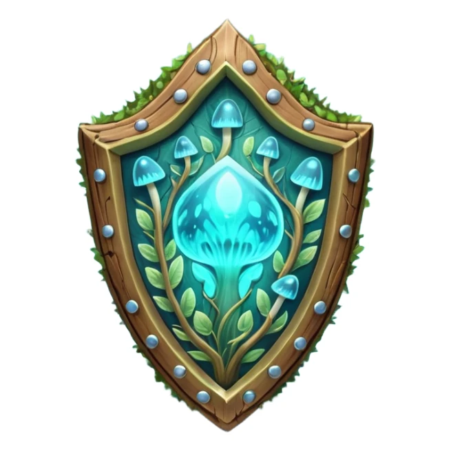 magical mushroom shield object icon, shield crafted from mushroom bark, glowing spores, fantasy forest design, soft green-blue aura, 3D cartoon, mobile game icon style, centered, clean background, no text, no watermark
 
 sticker