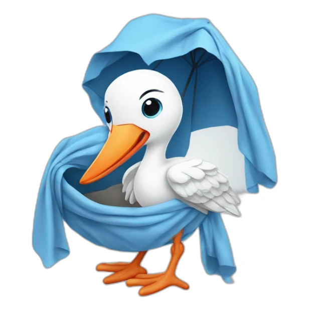 White stork carrying a blue bundle of cloth in its big beak that has a cute human person cute baby boy inside and his head is peeking from the fabric the strok is carrying in its beak sticker