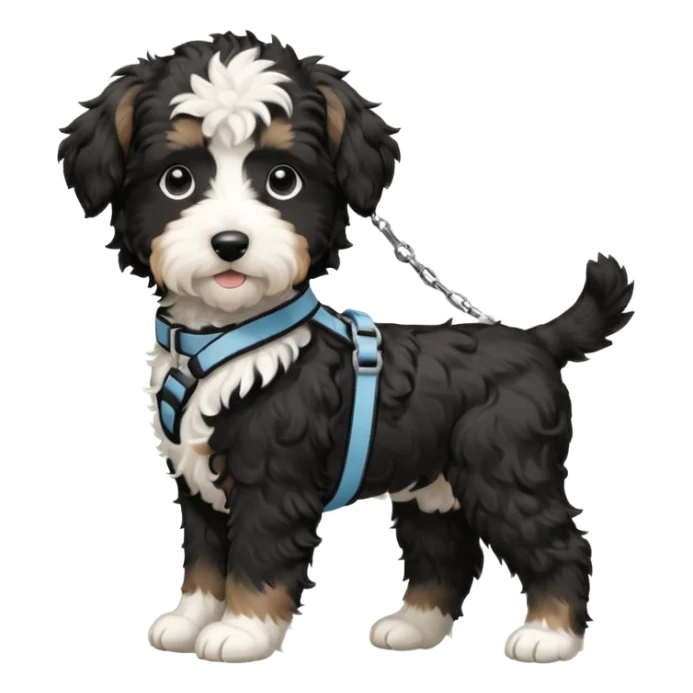 Black and white aussiedoodle puppy in side profile wearing harness and a leash sticker