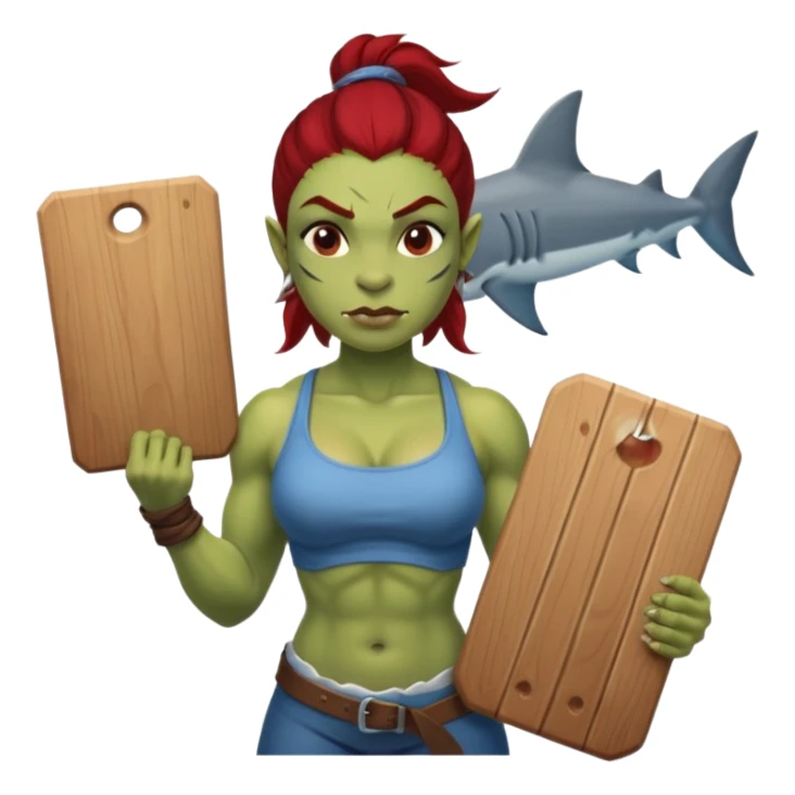 orc female holds a board with a shark painted vertically in his hands sticker