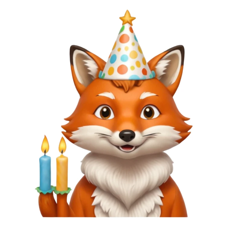 A fox wearing a birthday hat, joyfully blowing candles, portrait, bust up sticker