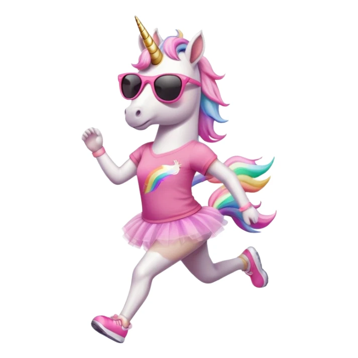 friendly anthropomorphised female unicorn in tutu and pink t-shirt, wearing dark sunglasses, jogging upright in standard pose sticker