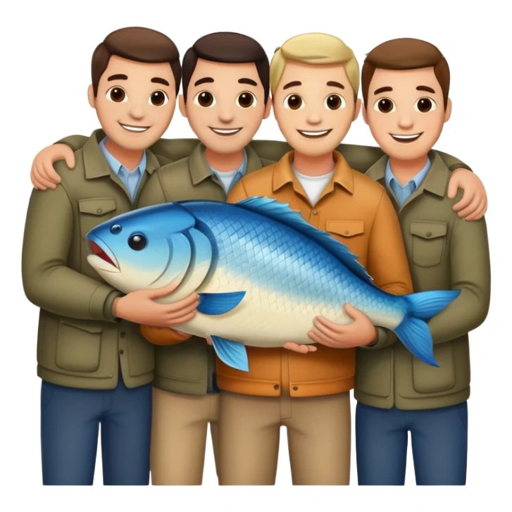 group of men huggin/holding a fish sticker