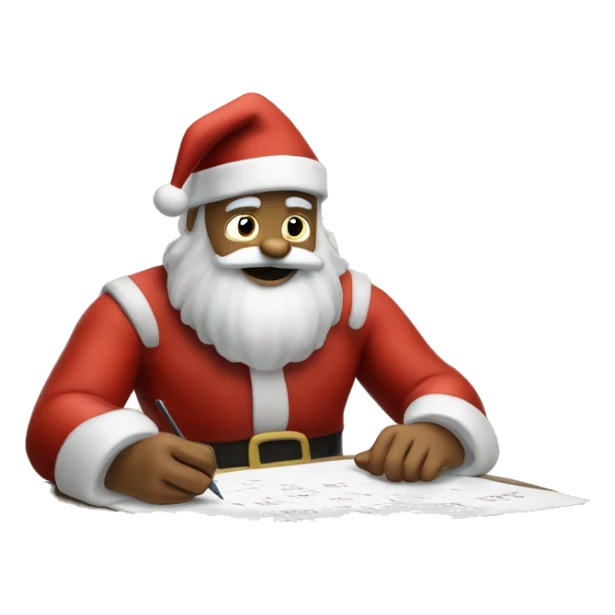 Santa is sitting on a desk, writing something down on a sheet of paper, solving complicated math puzzles  sticker