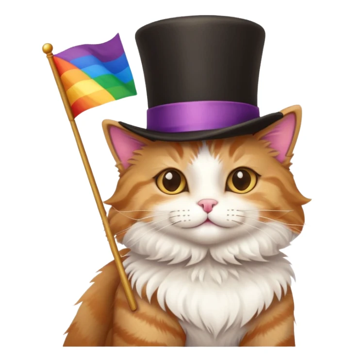 Cat wearing a top hat and holding a pride flag sticker