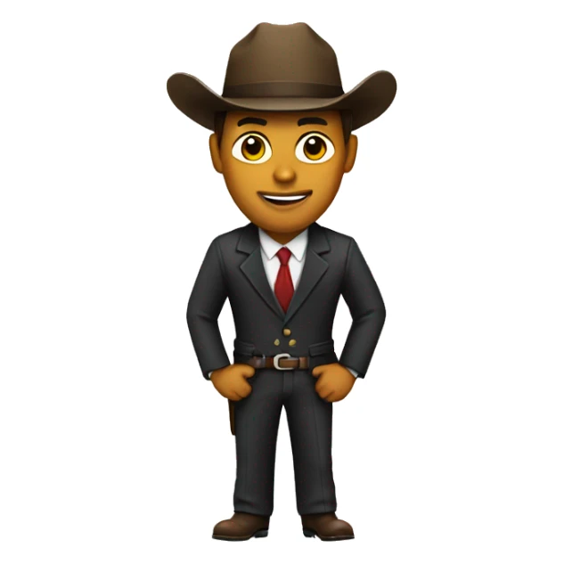 Man in a suit with a cowboy hat sticker