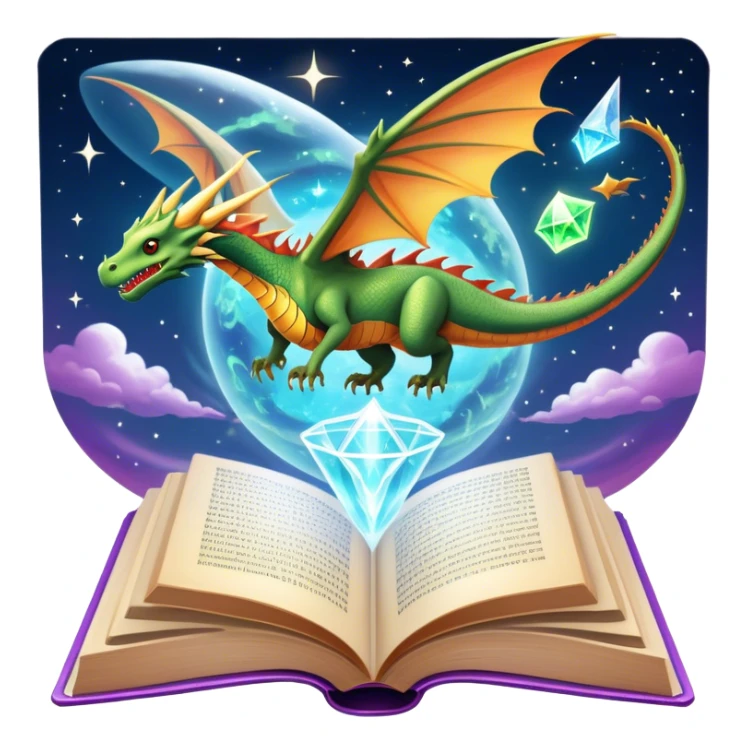 Icon for Fantasy and Sci-Fi Reading: an open book with magical creatures like dragons and fairies flying out, with a futuristic spaceship in the sky and a wizard casting spells. The icon should represent the magic and adventure of fantasy and science fiction worlds. Transparent background. sticker