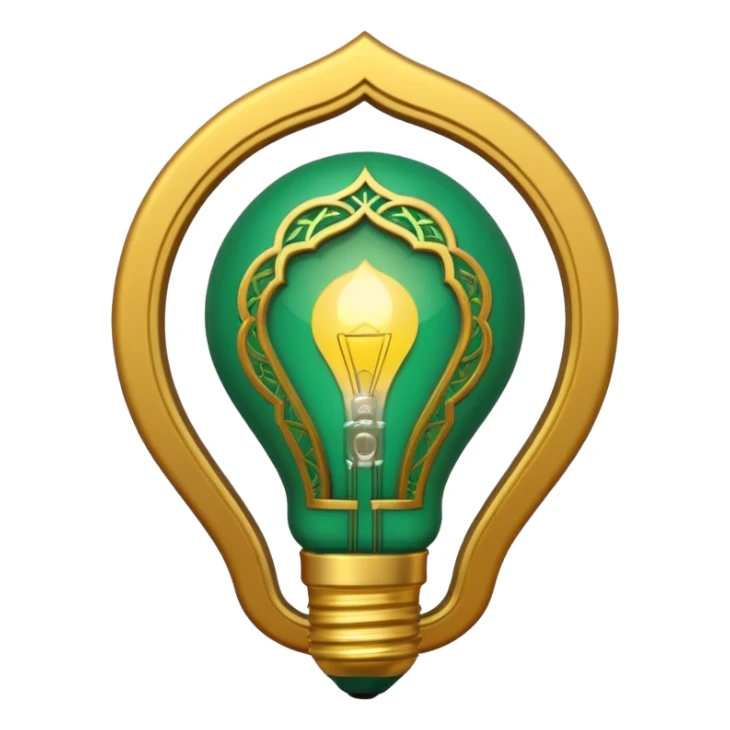3D emoji, light bulb with Moroccan arabesque pattern inside, golden frame, glowing light, emerald green and gold colors, minimalist, white background. sticker