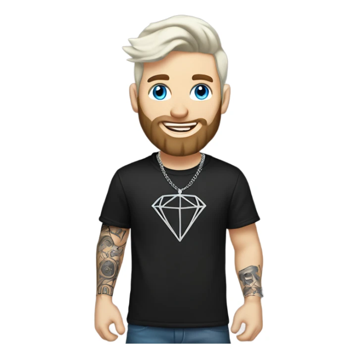 Younger white male that has grey blue eyes, dark brown hair with grey on the sides, a beard, and tattoos. He is wearing a diamond coated white gold necklace and a black punk band t-shirt while waving hello sticker