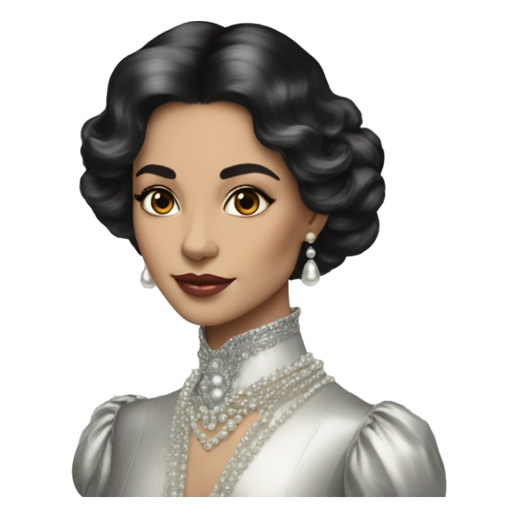 Regal pretty woman photograph defined cheekbones crown vintage with very long iridescent black and silver hair wavy black hair pearl crown iridescent sticker