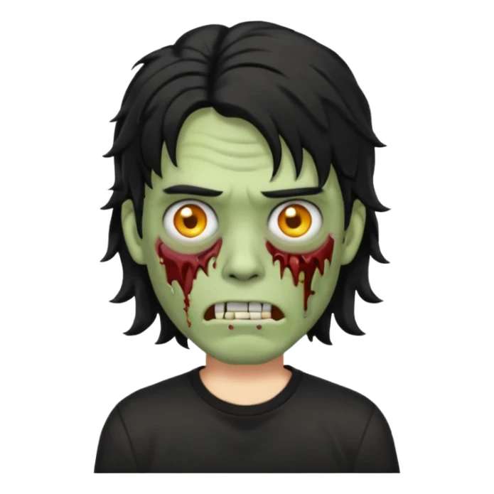 Emoji masculino de zumbi estilo iPhone,com cabelo ondulado mullet e preto, camisa preta e brincos sticker