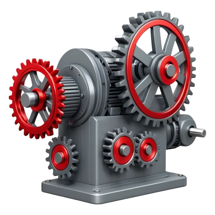 Realistic 3D render of a compact power generator with:
- Intricate mechanical gears system
- Main large gear in metallic gray
- Smaller interconnected gears in motion
- Red glowing energy flowing through transparent tubes
- Industrial-tech aesthetic
- Metallic gray base with red accent lights
- Sharp details and mechanical precision
- Subtle steam or energy particles in red
--ar 1:1
--style raw
--v 5.2
--no text
--q 2
--c 20 sticker