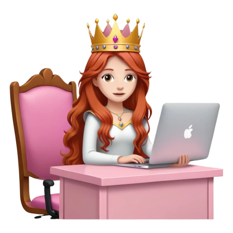 Long haired Redhead with crown on her head sat at the desk with MacBook and pink desk chair  sticker