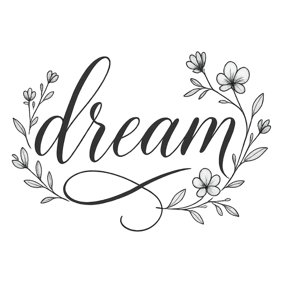 the word 'dream' in elegant calligraphy with floral accents, no background sticker