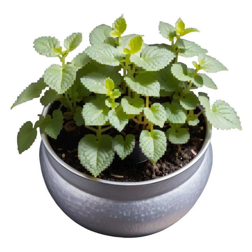 8-bit pixel art of small Plectranthus Verticillatus sprouts with round circular leaves in a shiny metallic planter sticker