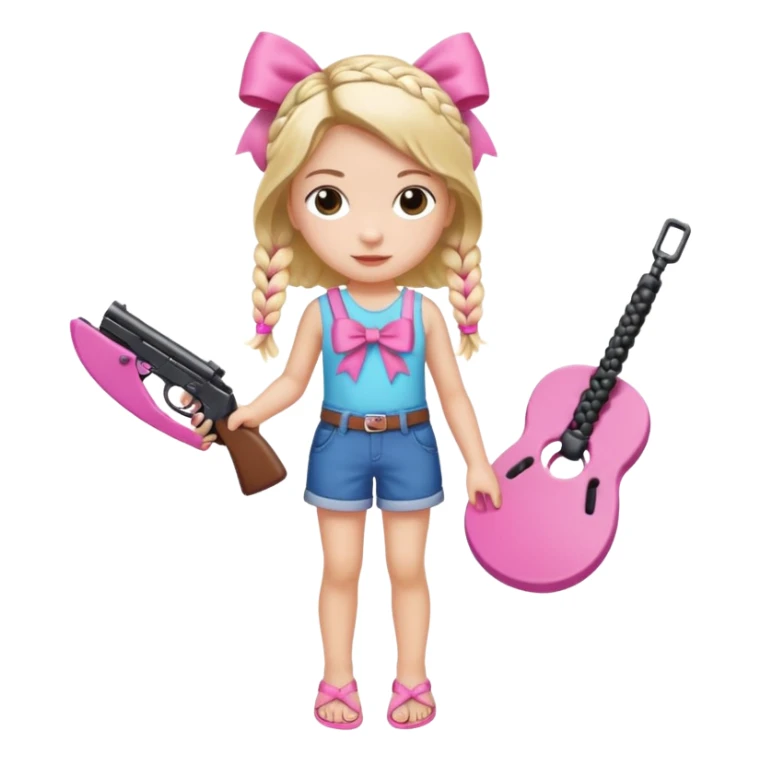 A girl who has a braid on one should and has a flipflop in one hand that has a bow while in the other hand she has a gun with a bow  sticker