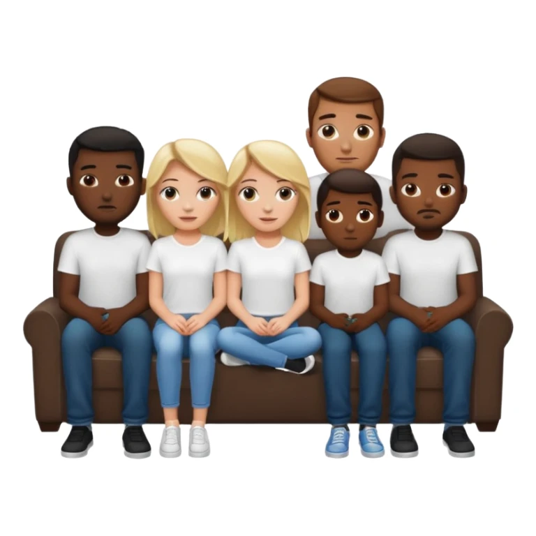 A white girl sitting alone on a couch with 5 black men in white shirts behind the couch sticker