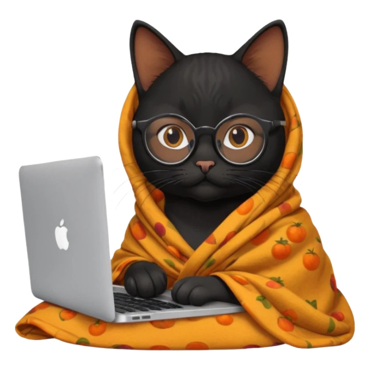 A black female cat working on a MacBook, with round frames and thin glasses, and she wears a blanket with an orange fruit pattern sticker