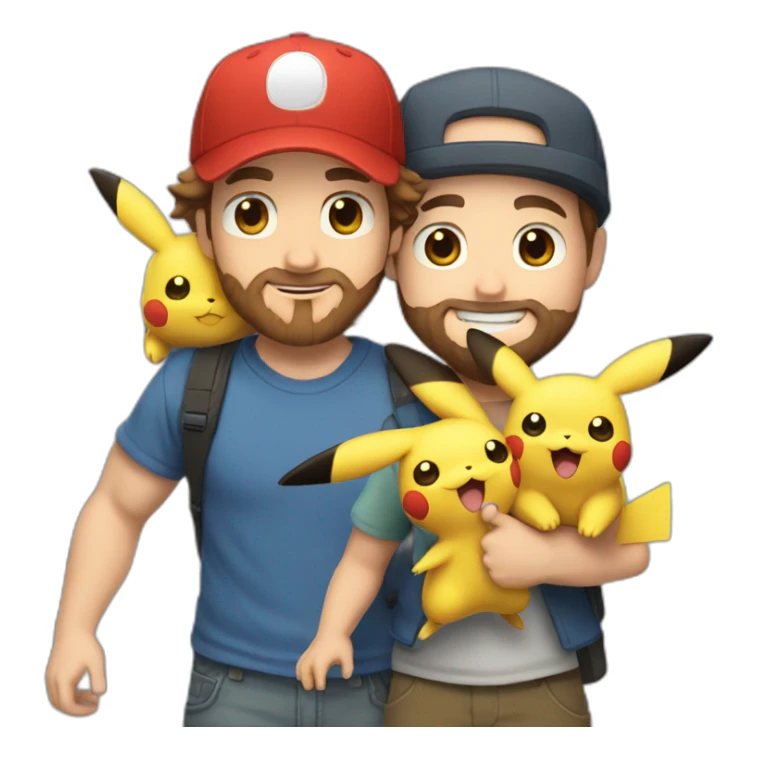 white man with brown hair and beard and a red cap, holding and a pikachu pokemon sticker