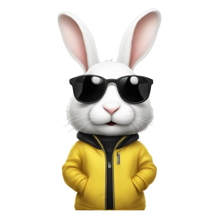 white rabbit in a yellow jacket and black sunglasses, with large ears and a curious expression, set against a black background with scattered white dots. sticker