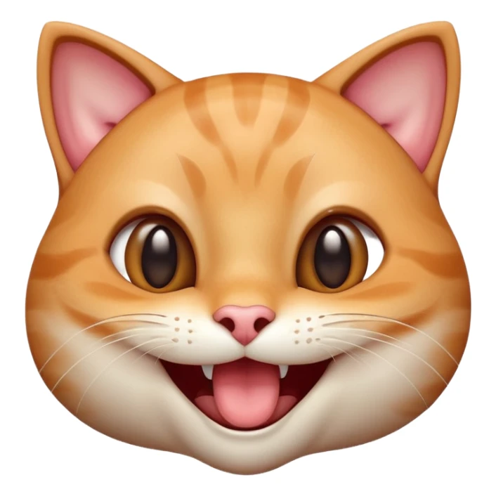 close-up of a smiling cat face with big shiny eyes, joyful expression, mouth open in a wide grin, glossy 3D effect, soft lighting, smooth gradients, high detail, isolated on white background sticker