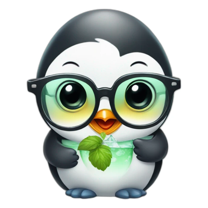 baby penguin with big glasses drinking mojito sticker